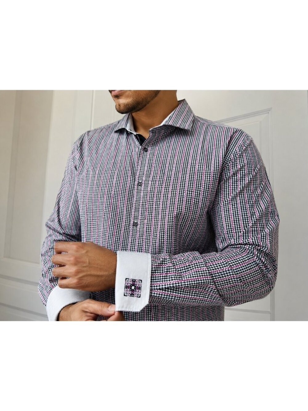 Robert Graham Mens XL Black & Pink Gingham Cotton Dress Shirt With White Cuffs